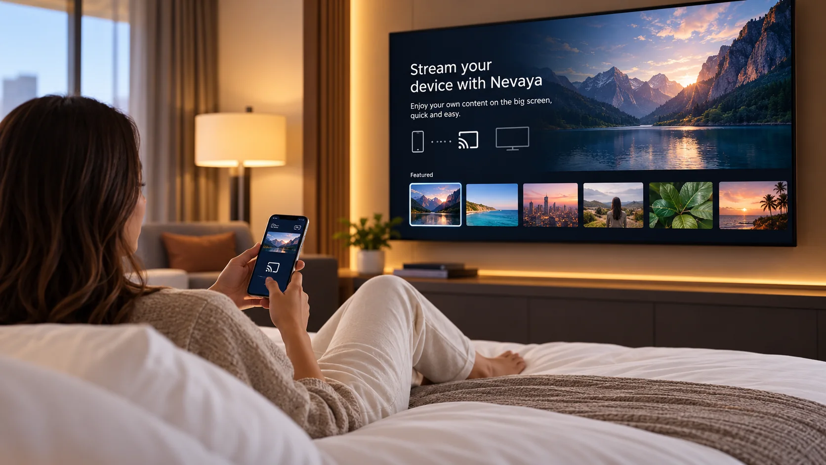 Illustration of a guest casting from a phone to the hotel bedroom TV