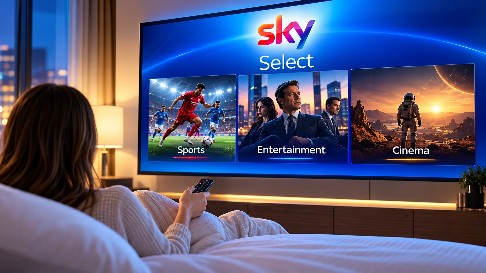 Illustrative Sky Select hospitality entertainment concept with sports, television and cinema options